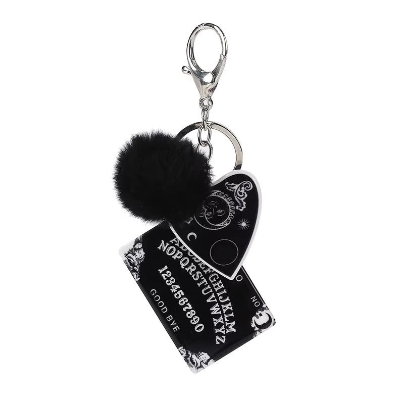 Ouija Planchette Acrylic Keychain with Pompom – Gothic Punk Car Mirror Charm & Handbag Jewelry Accessory