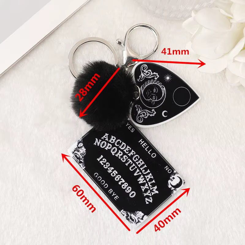 Ouija Planchette Acrylic Keychain with Pompom – Gothic Punk Car Mirror Charm & Handbag Jewelry Accessory